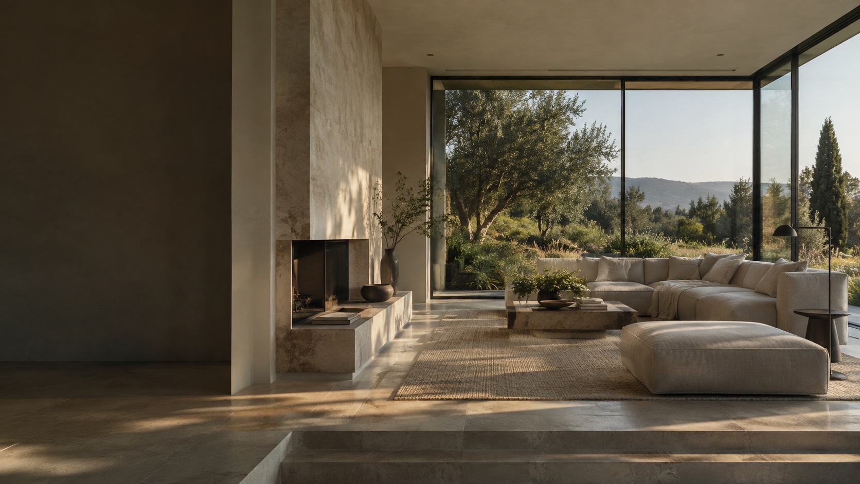 An illustrative stone and linen interior opening onto a green landscape